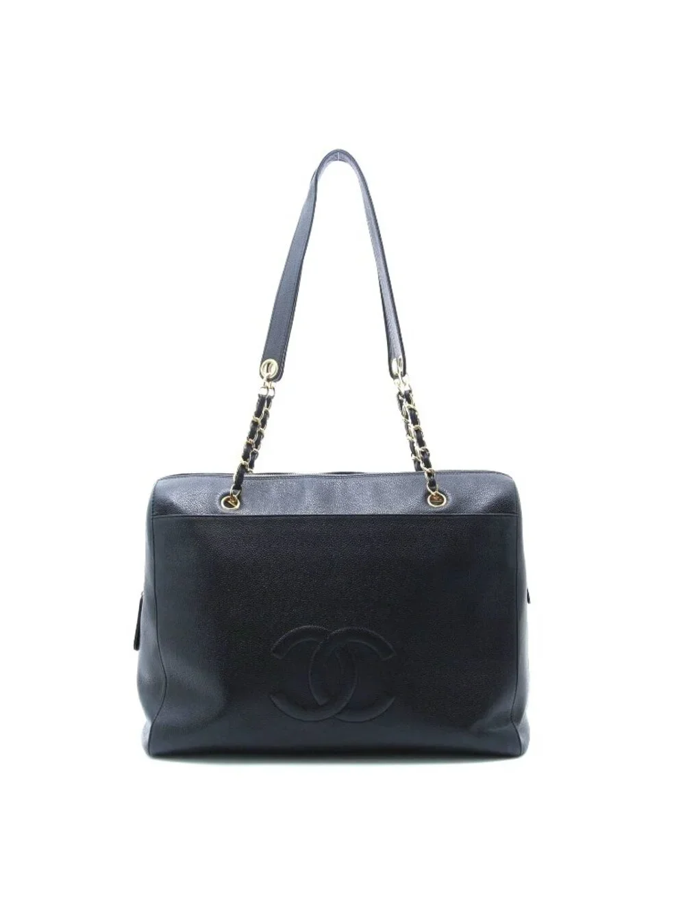 Chanel CC Logo Chain Shoulder Black Caviar Tote Bag